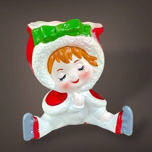 Vintage Lefton Ice Skater Girl Figurine Tea Light Holder Christmas‎ Decor